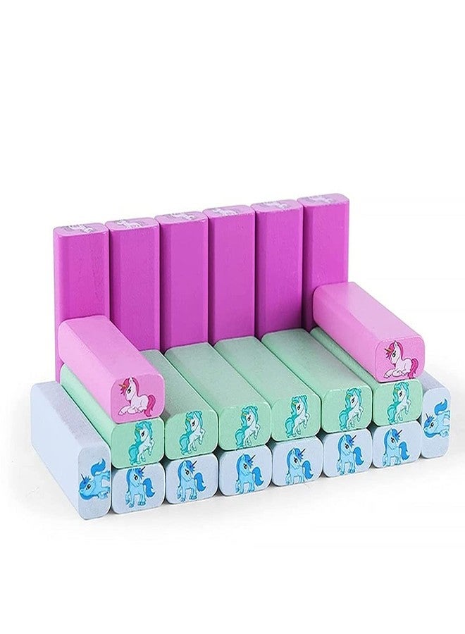 شورو لعبة مكعبات خشبية من SHORO بتصميم وحيد القرن الملون، لعبة بناء وتوازن وألغاز تعليمية وتصنيفية، ألعاب عائلية، ألعاب مونتيسوري، هدايا للأطفال - 51 قطعة مع نردين - Image 5